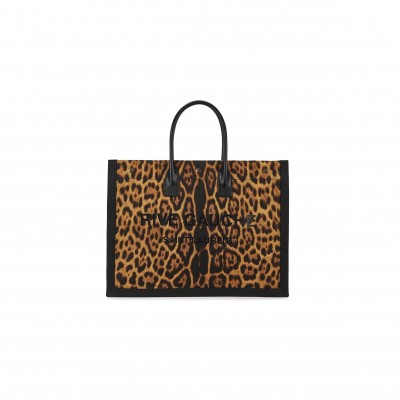 YSL WOMEN'S BROWN RIVE GAUCHE LEOPARD PRINT CANVAS & LEATHER TOTE 509415 (48*36*16cm)